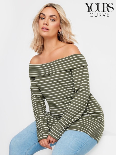 Yours Curve Green Stripe Long Sleeve Bardot Top (E00475) | €28