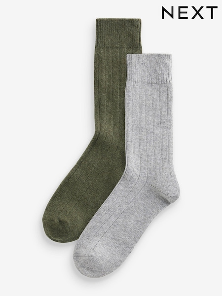 Khaki Green/Grey 2 Pack Signature Lambswool with Cashmere Blend Socks (E00491) | €12.50