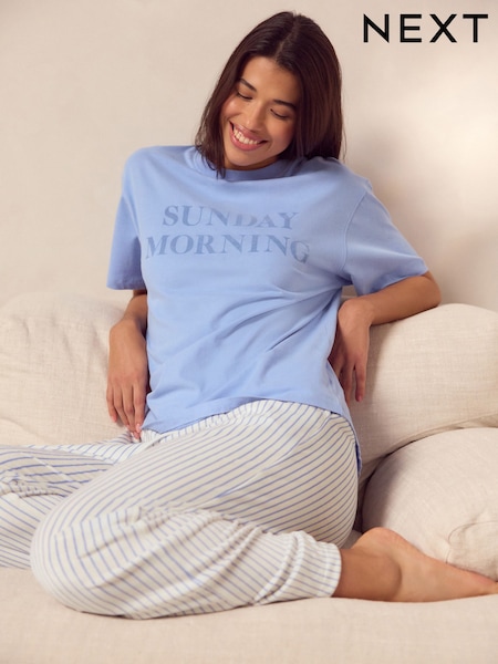 أزرق مقلم - Short Sleeve And Fleece Bottom Pyjamas (E00514) | ‏126 د.إ.‏