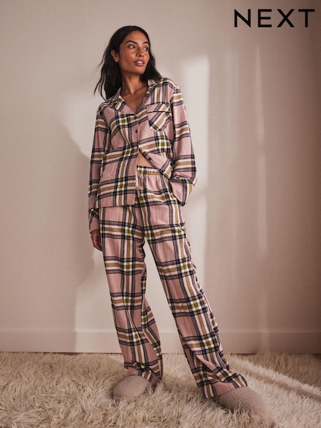 Roz în carouri - Flannel Button 100% Cotton Through Pyjamas (E00524) | 159 LEI