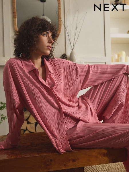 Pink Plisse Button Through Pyjamas (E00528) | €21