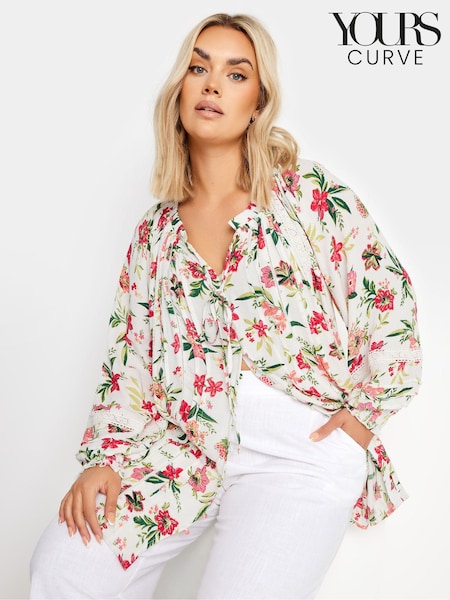 Yours Curve White Tropical Print Tie Front Crochet Top (E00600) | €39