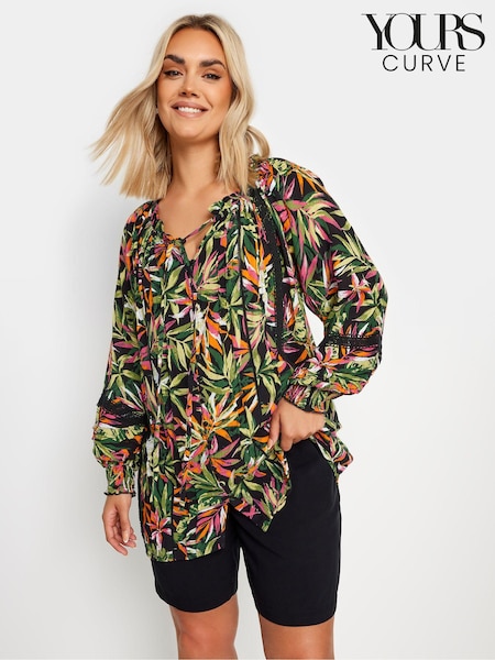 Yours Curve Black Tropical Print Tie Front Crochet Top (E00605) | 153 QAR
