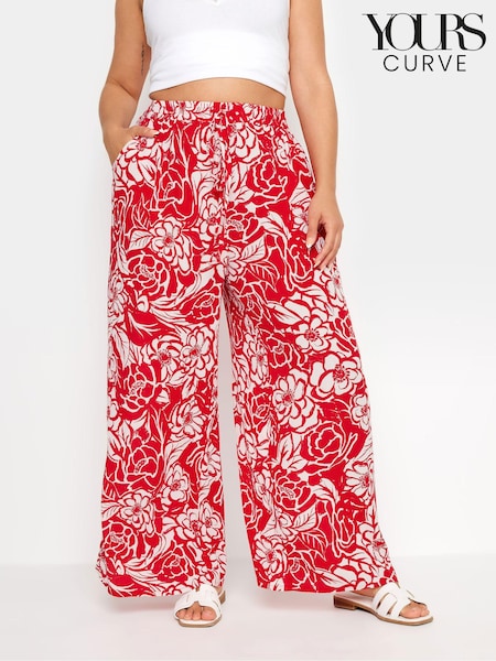 Yours Curve Red Floral Print Crinkle Drawstring Trousers (E00609) | €33