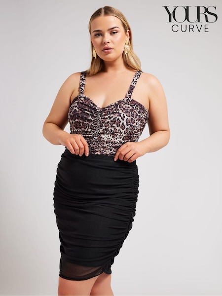 Черный - Yours Curve LONDON Leopard Print Gathered Mesh Skirt (E00614) | €66