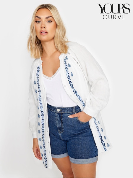 Yours Curve White & Navy Blue 100% Cotton Cheesecloth Blouse (E00637) | €39