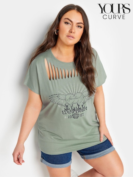 Yours Curve Green 100% Cotton Diamante Wild Heart Laser Cut T-Shirt (E00646) | €28