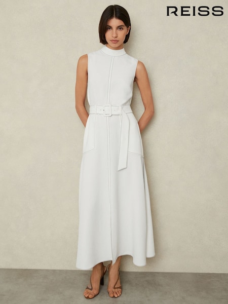 Reiss Ivory Thora Contrast Stitch Belted Midi Dress (E00679) | €172