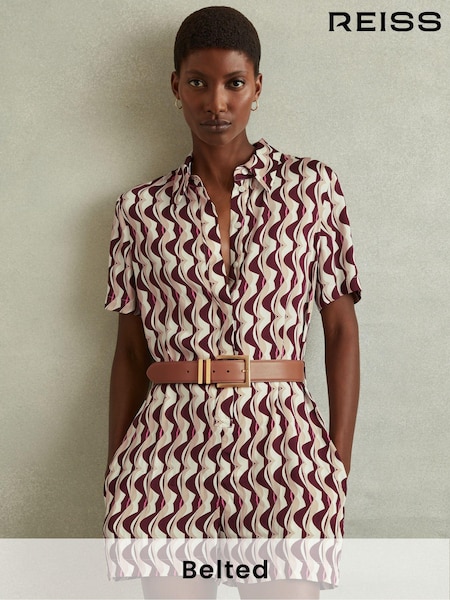Reiss Burgundy Greta Wave Print Belted Playsuit (E00681) | €240