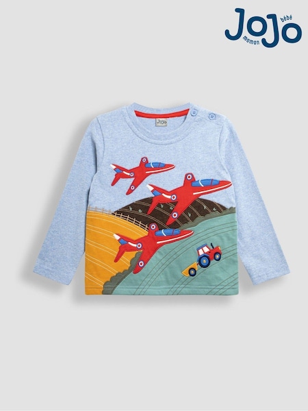 JoJo Maman Bébé Blue Long Sleeve Button Shoulder Appliqué Top (E00801) | €30