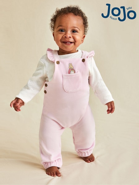 JoJo Maman Bébé Pink Peter Rabbit Appliqué Velour Dungarees and Body Set (E00820) | €48