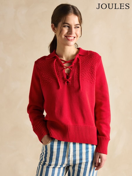 Punainen - Joules Annie Lace Up Collared Cotton Jumper (E00888) | €104
