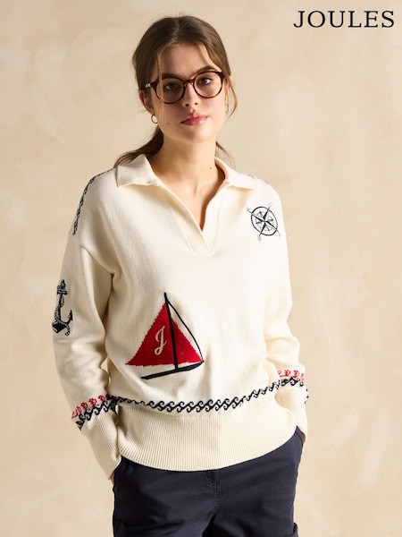 Joules Sail Away Cream Cotton Embroidered Knitted Jumper (E00890) | SGD 151