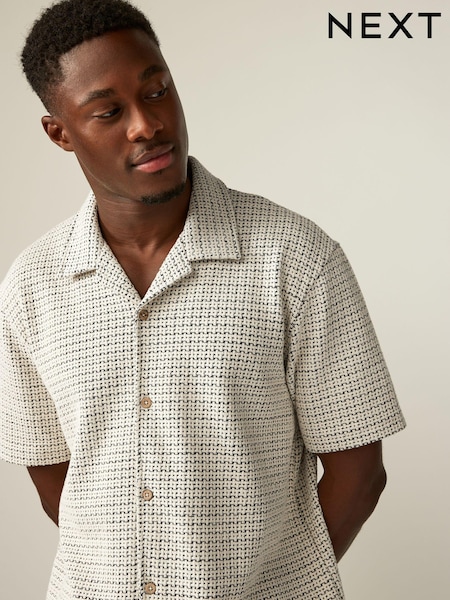Black/White Cuban Collar Textured Jersey Short Sleeve Shirt (E00931) | €15