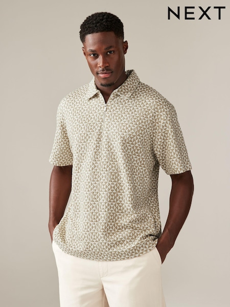 Neutral Geo Relaxed Fit Zip Neck Polo Shirt (E00932) | €17