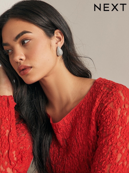 لون فضي - Sparkle Teardrop Stud Earrings (E00978) | ‏44 ر.ق.