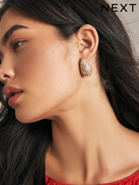 Gold Tone Sparkle Teardrop Stud Earrings (E00981) | AED41