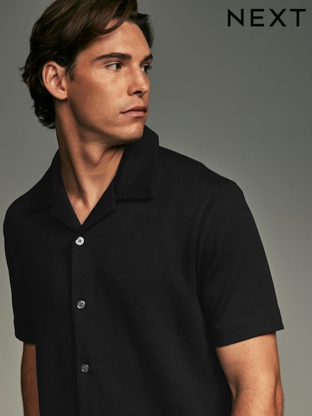 Black Relaxed Fit Smart Cuban Collar Jersey Shirt (E01121) | €22