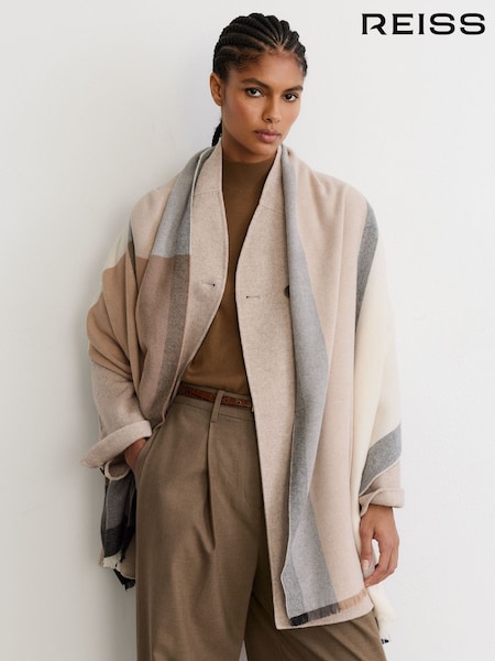رمادي بني/رمادي - Reiss Cora Check Scarf With Wool