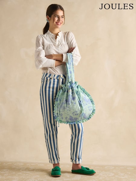 Joules Nella Green & Blue Toile de Jouy Cotton Frill Tote Bag (E01151) | R$ 285