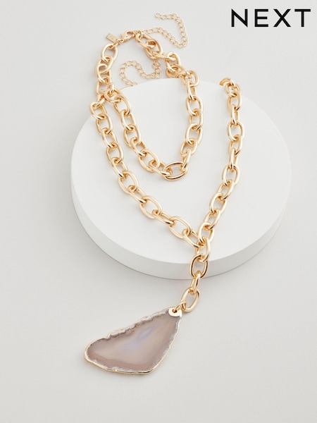 Ton de auriu - Semi Precious Stone Two Row Necklace Made With Recycled Steel and Brass (E01198) | 97 LEI