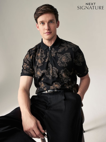 Black Floral Signature Modal Polo Shirt (E01212) | 79 QAR