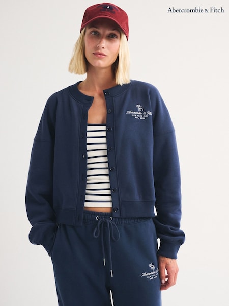 Blue - Abercrombie & Fitch Script Logo Jersey Button Through Cardigan
