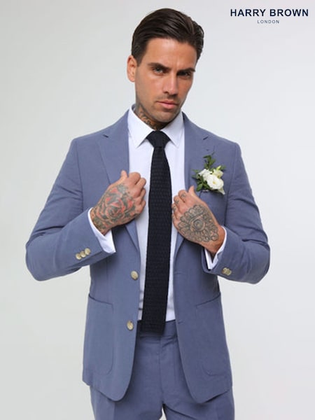 Harry Brown Blue Decorate Cotton Linen Blend Tailored Fit Blazer (E01238) | AED926