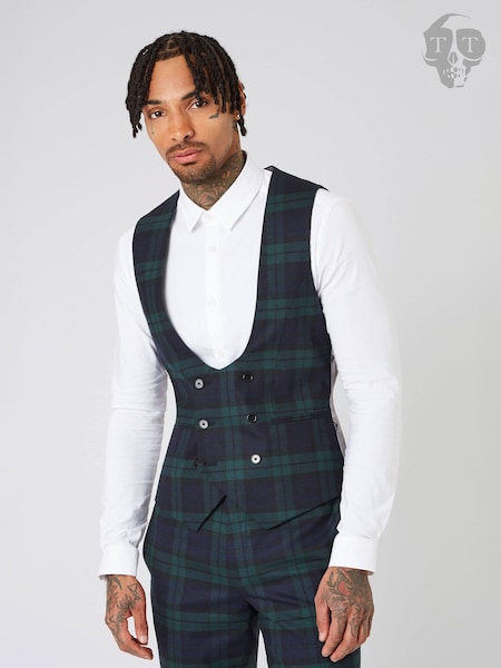 Twisted Tailor Green Skinny Fit Ginger Wool Tartan Waistcoat (E01262) | €99