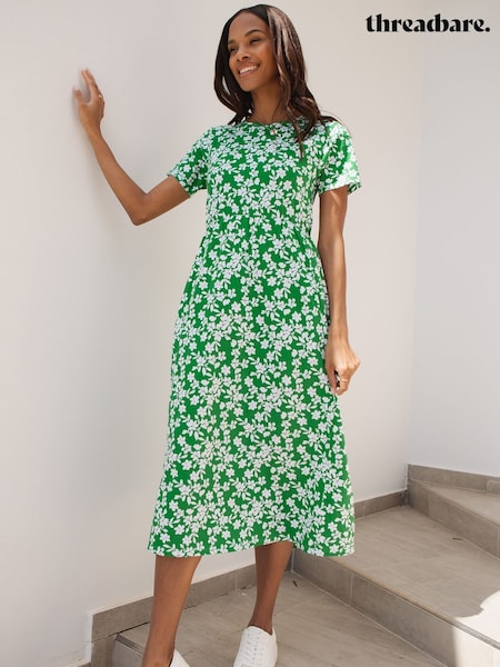 Threadbare Green Floral 100% Cotton Leopard Print Smock Style Midi Dress (E01278) | €31