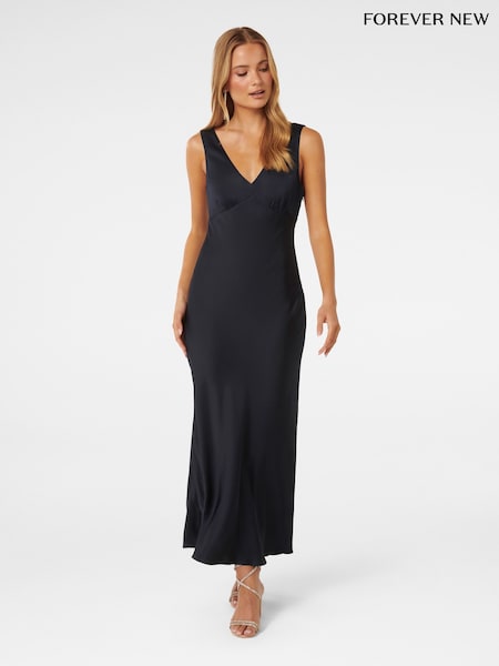 Forever New Blue Petite Cameron Petite V-Neck Satin Maxi Dress (E01315) | R$ 1,085