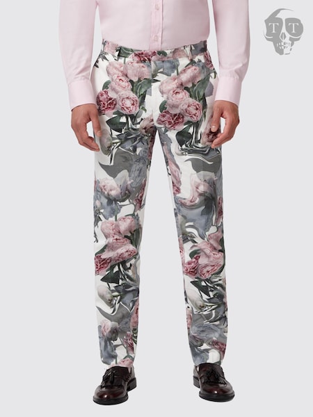 Twisted Tailor White Skinny Fit Dali Cotton Floral Trousers (E01345) | €38