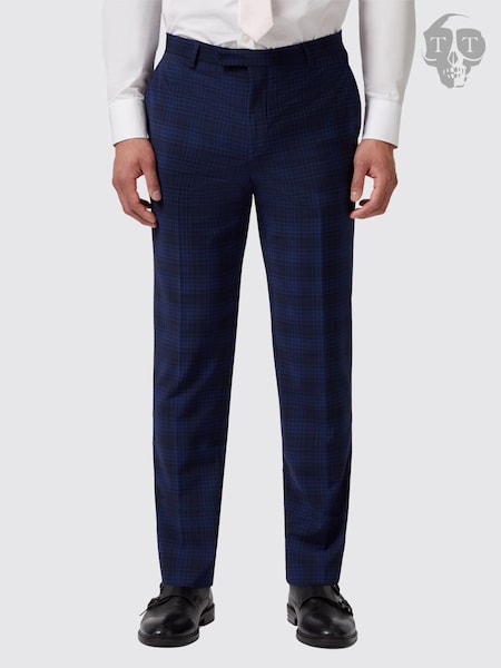 Twisted Tailor Blue Slim Fit Barlow Wool Check Trousers (E01353) | €35