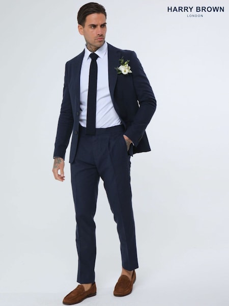 Harry Brown Navy Blue Decorate Cotton Linen Blend Regular Fit Trousers (E01365) | AED437