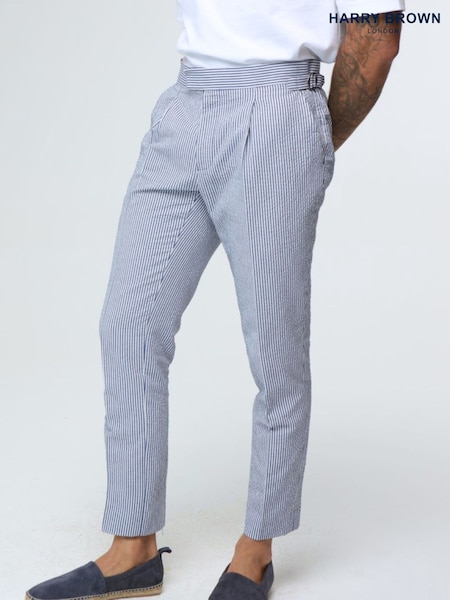 Harry Brown Blue Deakin Cotton Linen Seersucker Tailored Fit Trousers (E01368) | AED437