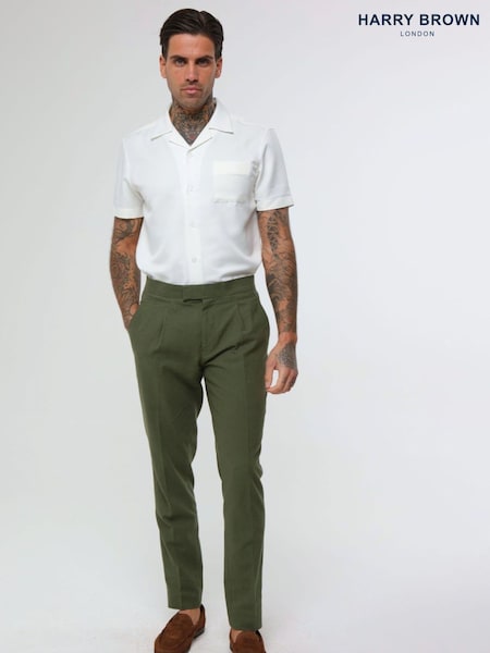 Harry Brown Green Decorate Cotton Linen Blend Regular Fit Trousers (E01370) | AED437