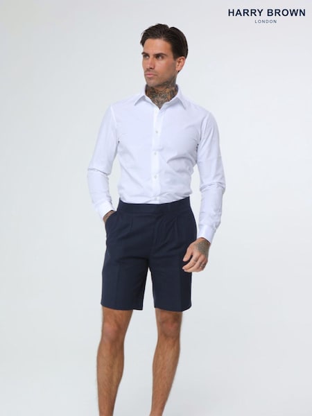 Harry Brown Navy Blue Decorate Cotton Linen Blend Shorts (E01372) | ₪297