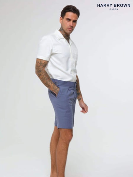 Harry Brown Blue Decorate Cotton Linen Blend Shorts (E01373) | ₪297