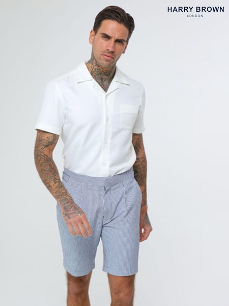 Harry Brown Blue Deakin Cotton Linen Seersucker Shorts (E01374) | ₪297