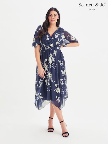 Scarlett & Jo Navy Blue & Cream Julie Hanky Hem Dress (E01376) | €61