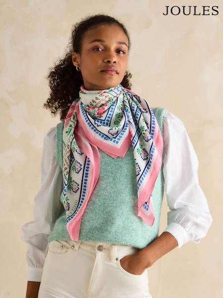 Joules Middleton Cream Tile Print Square Viscose Scarf (E01392) | €29.95