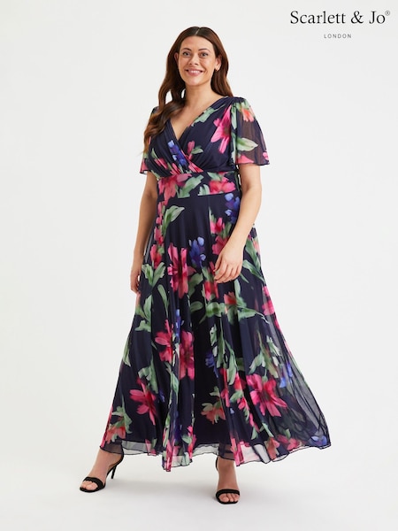 Scarlett & Jo Navy Blue & Pink Floral Curve Isabelle Angel Sleeve Maxi Dress (E01448) | $166