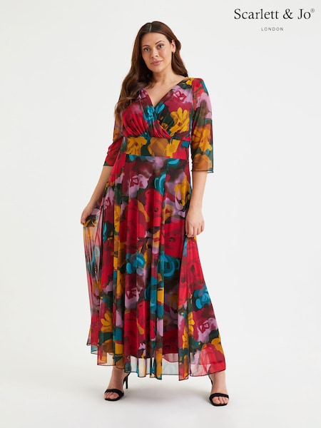 Scarlett & Jo Red Multi Floral Verity 3/4 Sleeve Maxi Gown (E01449) | €64
