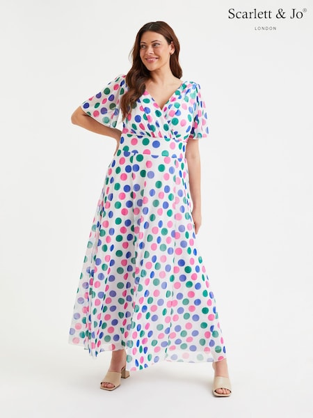 Scarlett & Jo Pink Purple & Green Polka Dot Isabelle Angel Sleeve Maxi Dress (E01450) | 235 QAR
