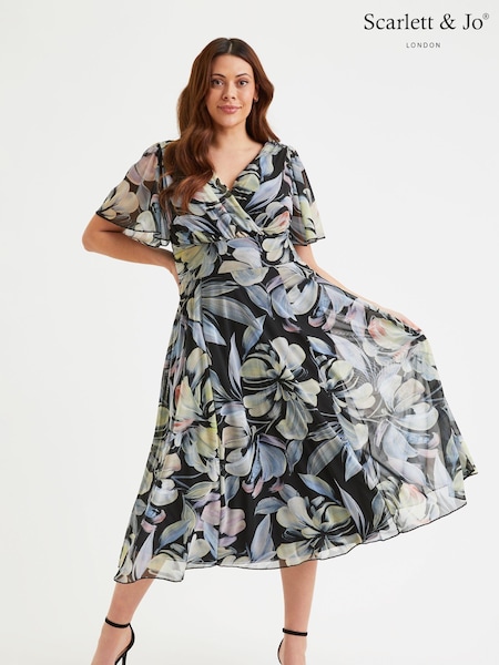 Scarlett & Jo Black Blue & Green Floral Victoria Angel Sleeve Mesh Midi Dress (E01451) | 210 QAR