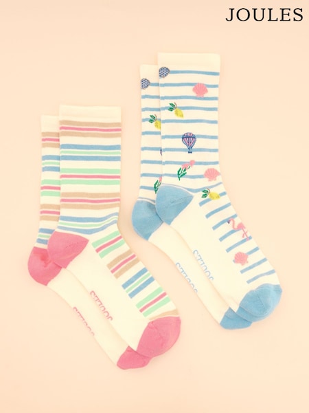 Joules Women's Everyday Cream/Blue 2 Pack Socks (size 4-8) (E01479) | €11.95