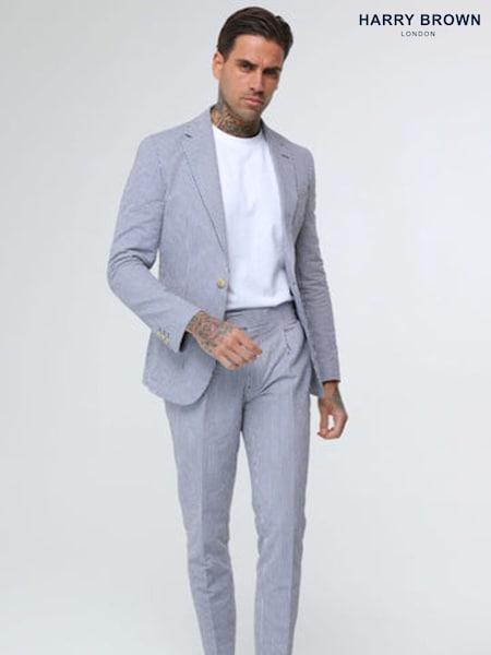 Harry Brown Blue Deakin Cotton Linen Seersucker Regular Fit Blazer (E01591) | €209