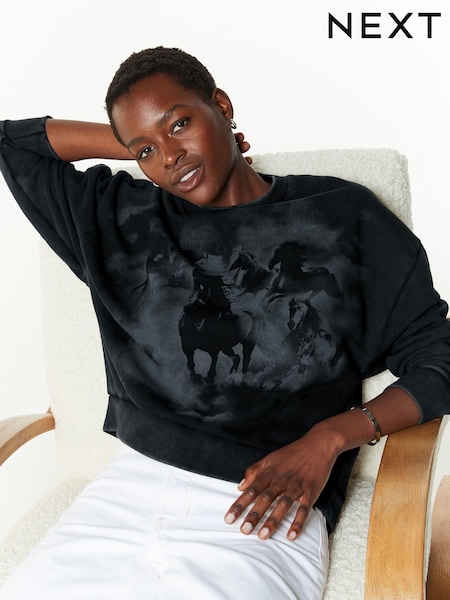 Washed Black Relaxed Fit Oversized Horse Graphic Sweatshirt (E01592) | €22