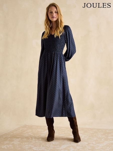 Joules Lilliana Navy Shirred Midi Dress (E01611) | €49.50