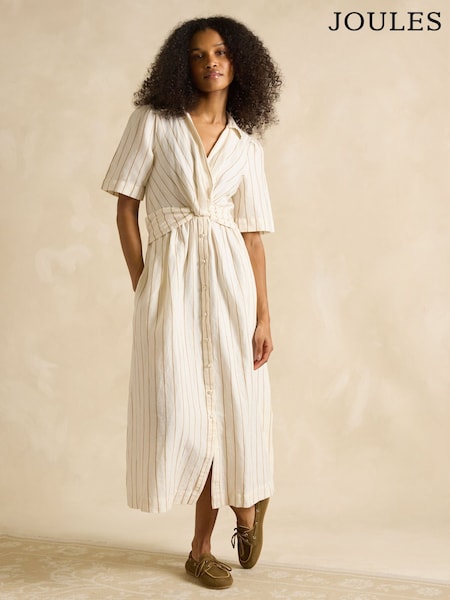 Joules Marina Tan/White Linen Blend Knot Front Dress (E01619) | kr1 414